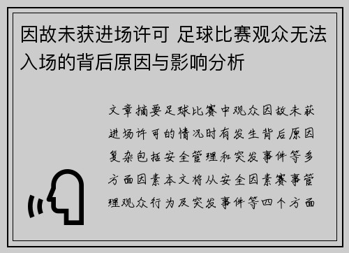 因故未获进场许可 足球比赛观众无法入场的背后原因与影响分析